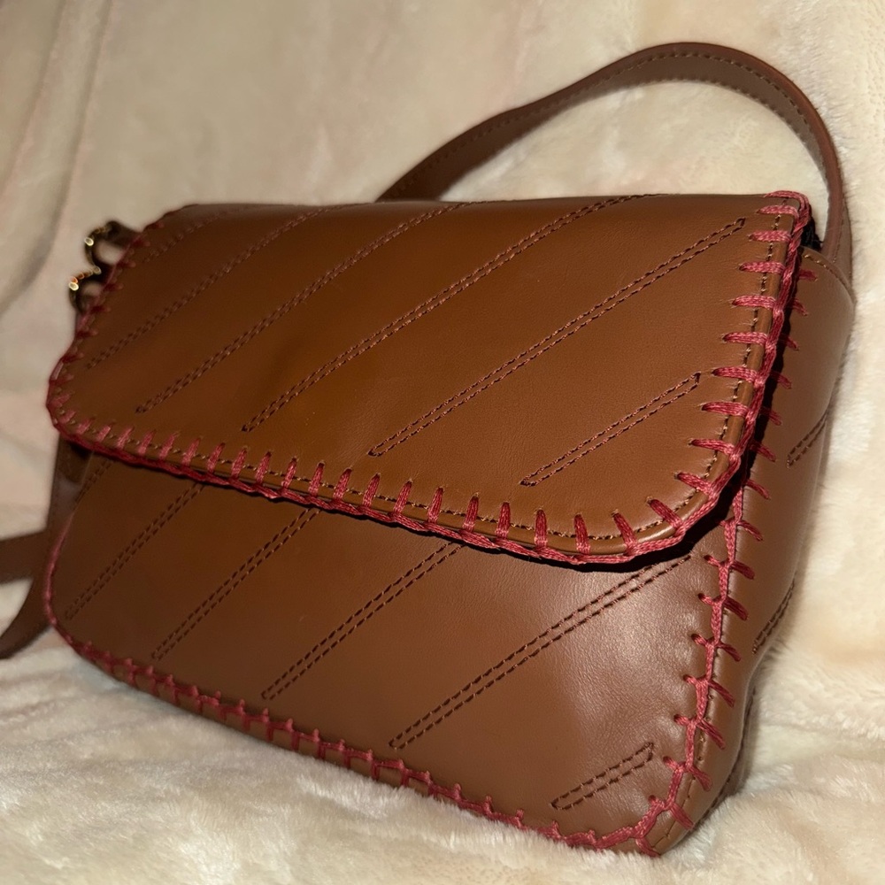 Brooks Brothers Brown Leather Crossbody Bag with Red Whipstitch EUC Real Leather